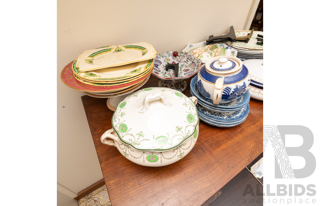 Collection Vintage and Other Porcelain Including Art Deco Woods & Sons Rectangle Plate and Two Side Plates, Blue & White Willow Wear and More