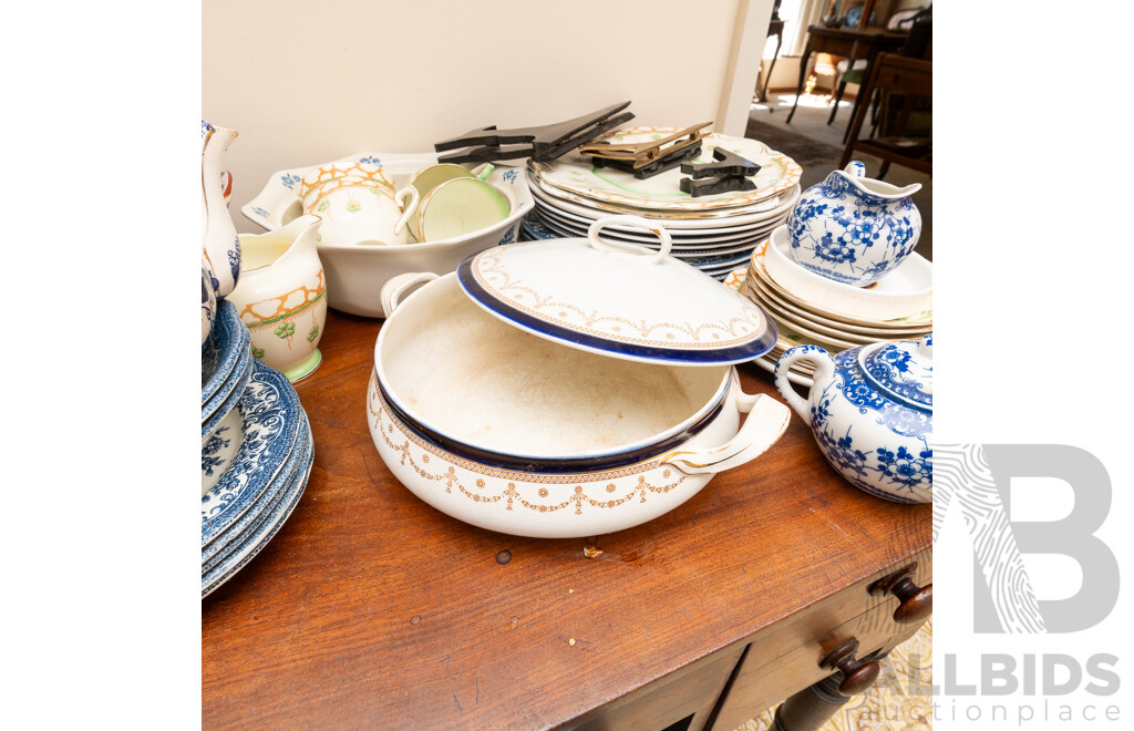 Collection Vintage and Other Porcelain Including Art Deco Woods & Sons Rectangle Plate and Two Side Plates, Blue & White Willow Wear and More