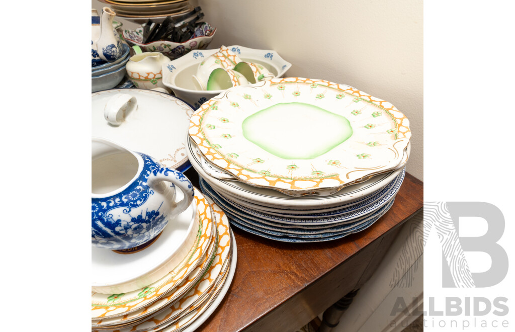 Collection Vintage and Other Porcelain Including Art Deco Woods & Sons Rectangle Plate and Two Side Plates, Blue & White Willow Wear and More