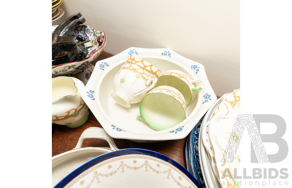 Collection Vintage and Other Porcelain Including Art Deco Woods & Sons Rectangle Plate and Two Side Plates, Blue & White Willow Wear and More