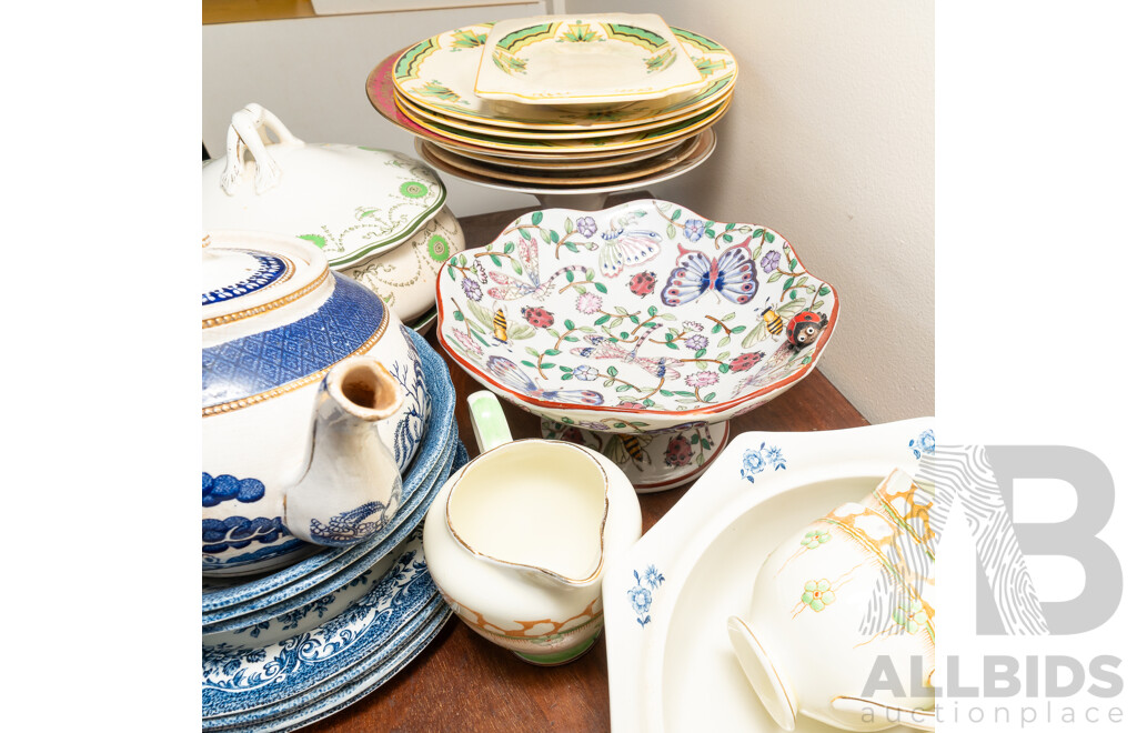 Collection Vintage and Other Porcelain Including Art Deco Woods & Sons Rectangle Plate and Two Side Plates, Blue & White Willow Wear and More