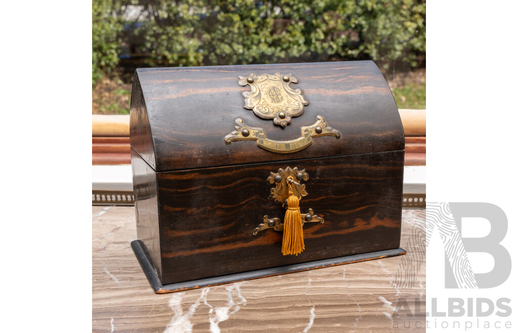 Antique Late Victorian Maccaser Ebony Veneer Lidded Document Box with Unusual Form, with Engraved Brass Sheild and Banner to Top & Front, Circa 1880s