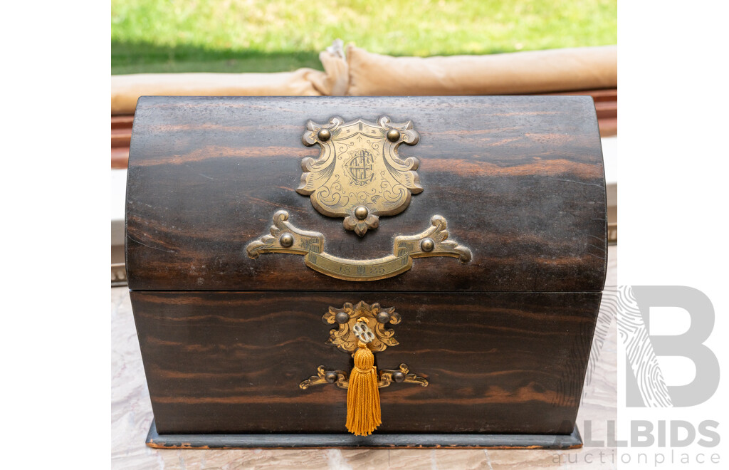 Antique Late Victorian Maccaser Ebony Veneer Lidded Document Box with Unusual Form, with Engraved Brass Sheild and Banner to Top & Front, Circa 1880s