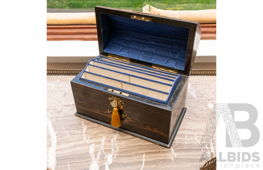 Antique Late Victorian Maccaser Ebony Veneer Lidded Document Box with Unusual Form, with Engraved Brass Sheild and Banner to Top & Front, Circa 1880s