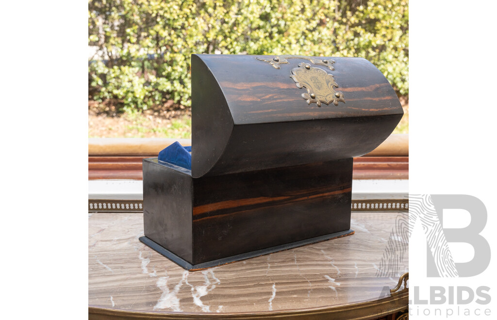 Antique Late Victorian Maccaser Ebony Veneer Lidded Document Box with Unusual Form, with Engraved Brass Sheild and Banner to Top & Front, Circa 1880s
