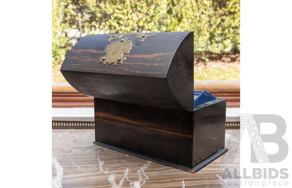Antique Late Victorian Maccaser Ebony Veneer Lidded Document Box with Unusual Form, with Engraved Brass Sheild and Banner to Top & Front, Circa 1880s