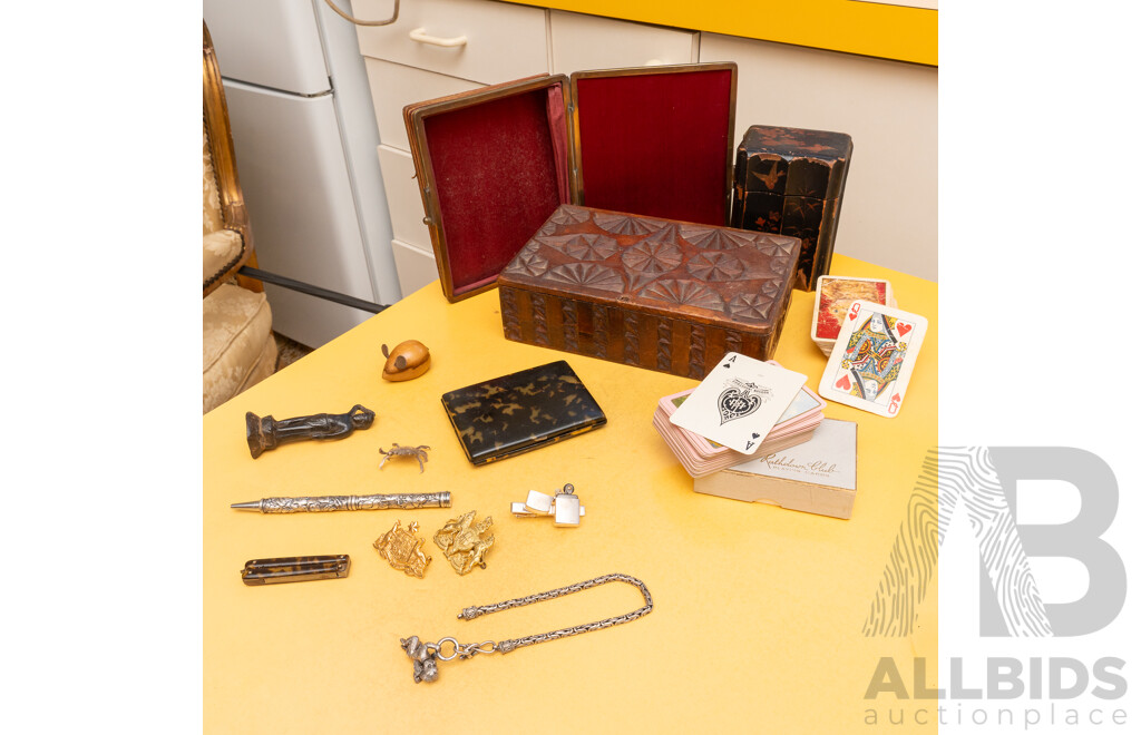 Interesting Collection Items Including Antique Japanese Lacquer Ware Case, Tortoise Shell Card Case, Bronze Buddha Figure, Chip Carved Box and More