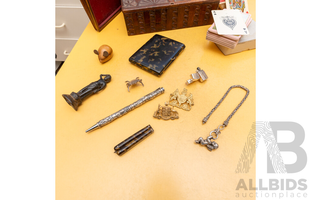 Interesting Collection Items Including Antique Japanese Lacquer Ware Case, Tortoise Shell Card Case, Bronze Buddha Figure, Chip Carved Box and More