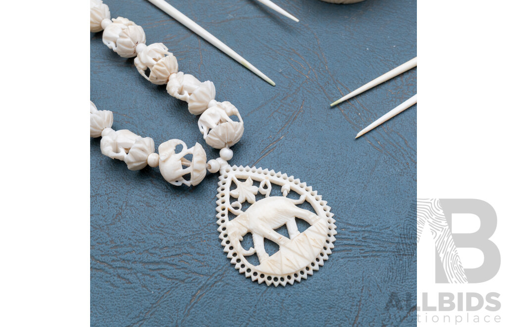 Collection Asian Carved Items Including Two Bone Snuff Bottles, Ivory Necklace, Composite Small Plate