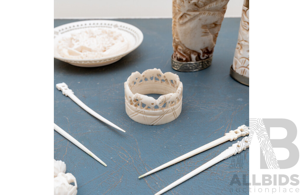 Collection Asian Carved Items Including Two Bone Snuff Bottles, Ivory Necklace, Composite Small Plate
