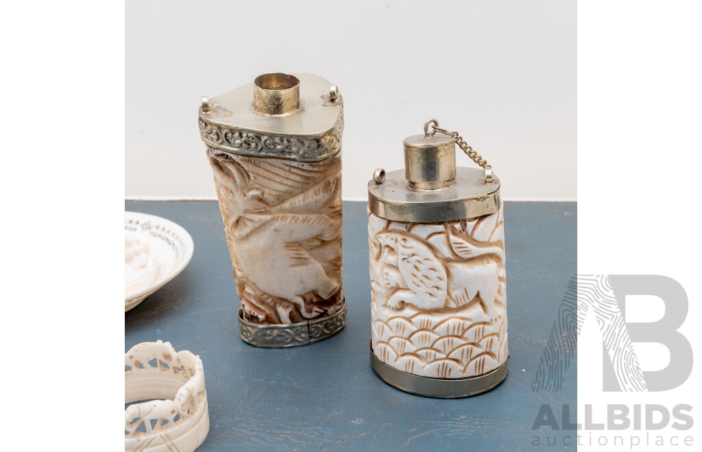 Collection Asian Carved Items Including Two Bone Snuff Bottles, Ivory Necklace, Composite Small Plate