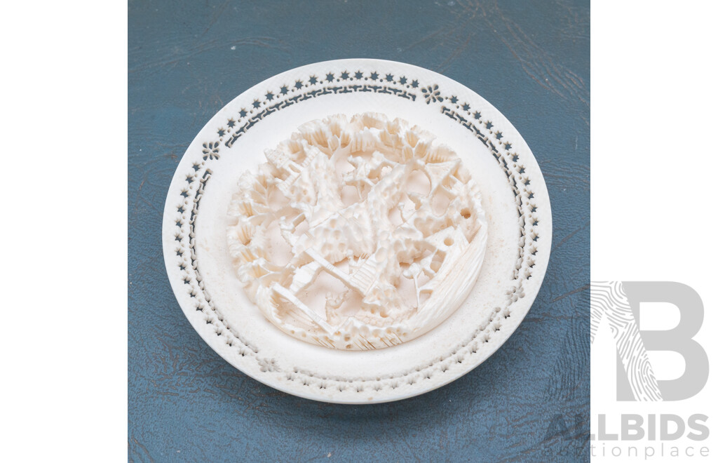 Collection Asian Carved Items Including Two Bone Snuff Bottles, Ivory Necklace, Composite Small Plate