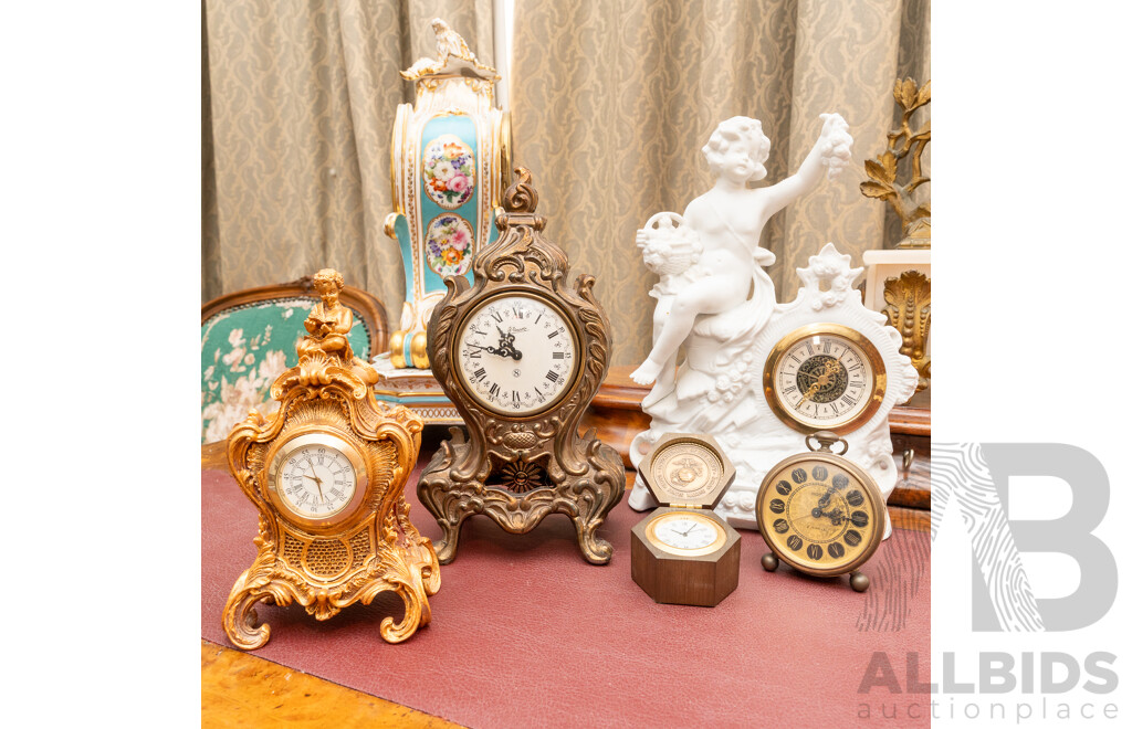 Collection Five Clocks Including Small Brass US Navy Example, Two Reproduction Gilt Style Examples and Bisque Example with Cherub Detail