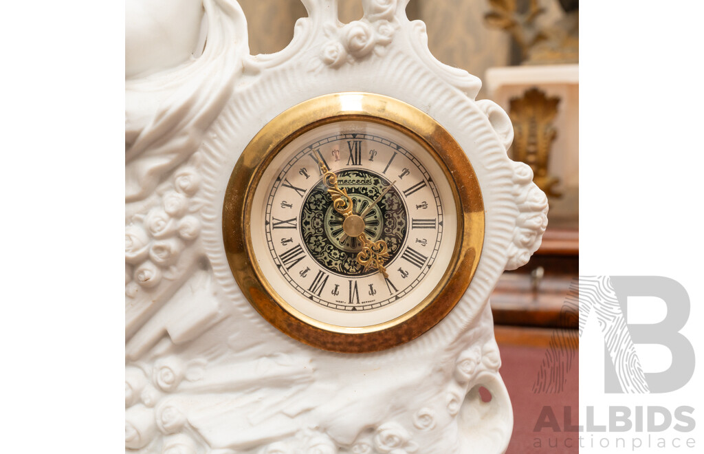 Collection Five Clocks Including Small Brass US Navy Example, Two Reproduction Gilt Style Examples and Bisque Example with Cherub Detail