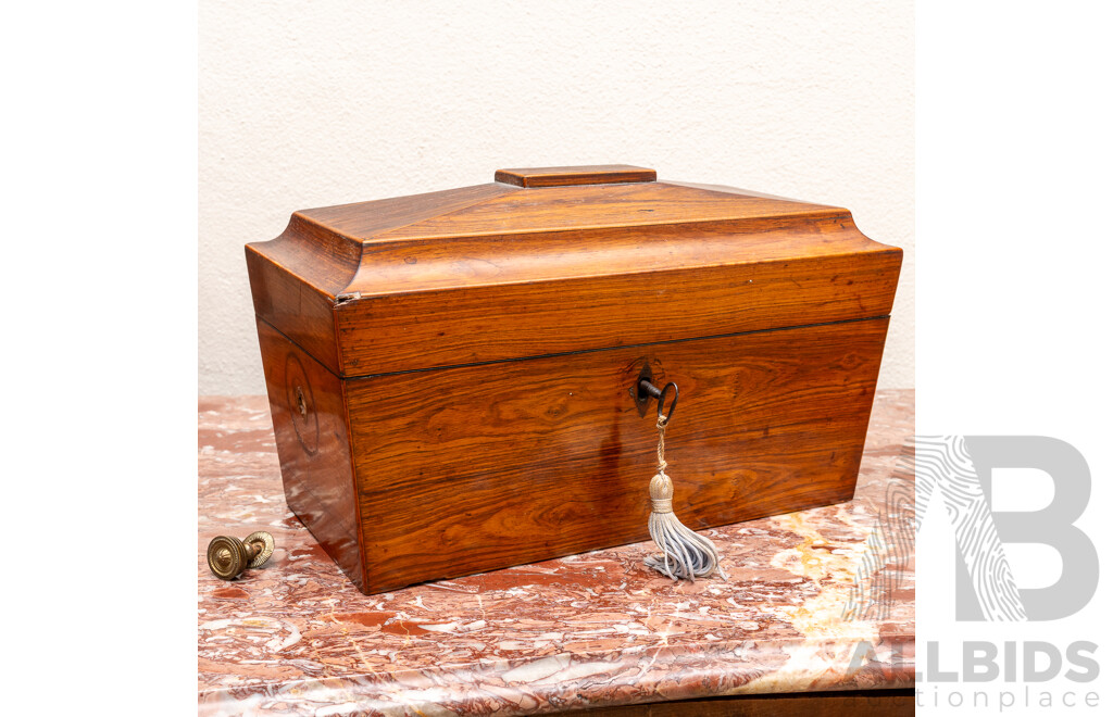 Antique Victorian Mahogany Veneer Sarcophagus Form Lidded Tea Caddy with Two Finely Veneered Lidded Compartments to Interior and Silver Plate Later Bowl