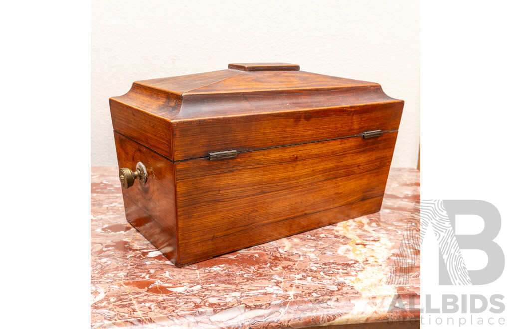 Antique Victorian Mahogany Veneer Sarcophagus Form Lidded Tea Caddy with Two Finely Veneered Lidded Compartments to Interior and Silver Plate Later Bowl