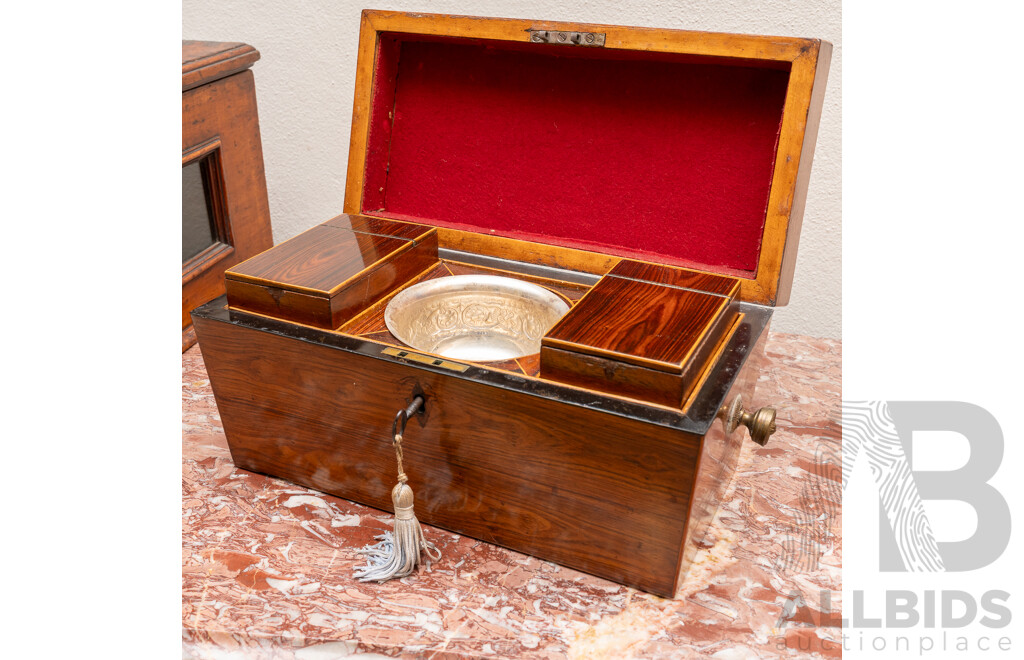 Antique Victorian Mahogany Veneer Sarcophagus Form Lidded Tea Caddy with Two Finely Veneered Lidded Compartments to Interior and Silver Plate Later Bowl