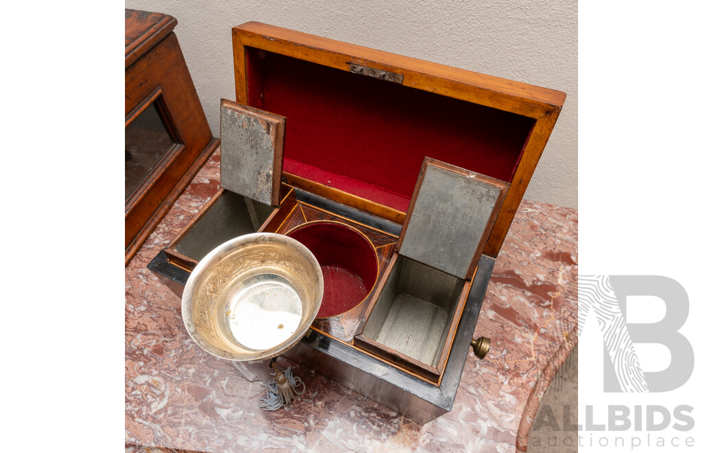 Antique Victorian Mahogany Veneer Sarcophagus Form Lidded Tea Caddy with Two Finely Veneered Lidded Compartments to Interior and Silver Plate Later Bowl