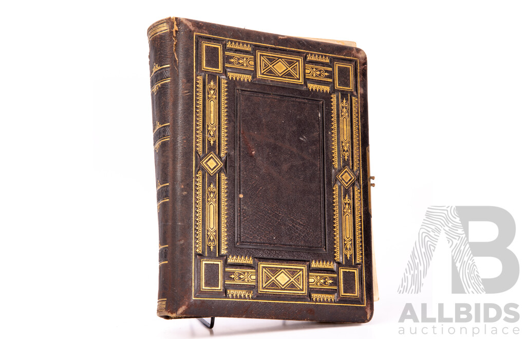 Wonderful Antique Victorian Photograph Album with 38 Pages Photos Including Australian Studio Examples, Hard Cover with Tooled Embossed Cover