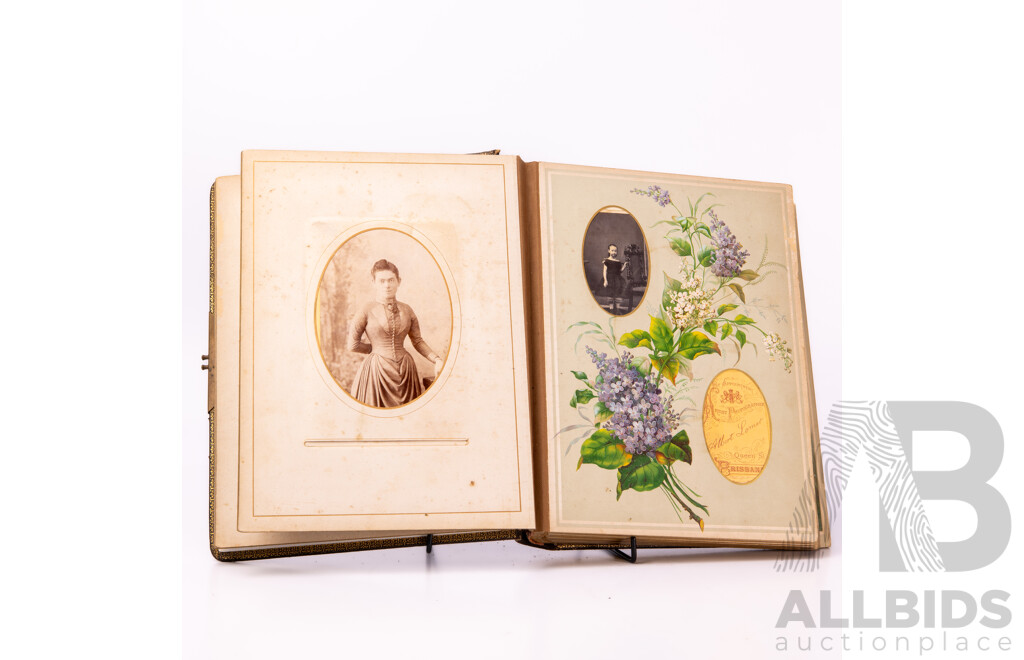 Wonderful Antique Victorian Photograph Album with 38 Pages Photos Including Australian Studio Examples, Hard Cover with Tooled Embossed Cover