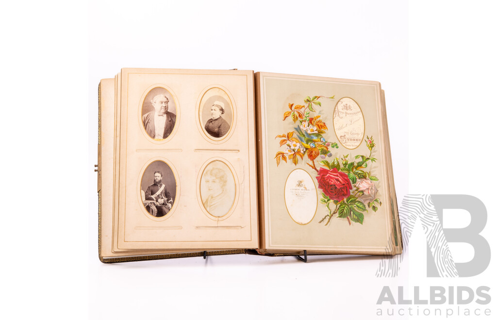 Wonderful Antique Victorian Photograph Album with 38 Pages Photos Including Australian Studio Examples, Hard Cover with Tooled Embossed Cover