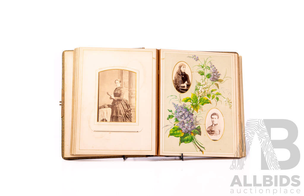 Wonderful Antique Victorian Photograph Album with 38 Pages Photos Including Australian Studio Examples, Hard Cover with Tooled Embossed Cover