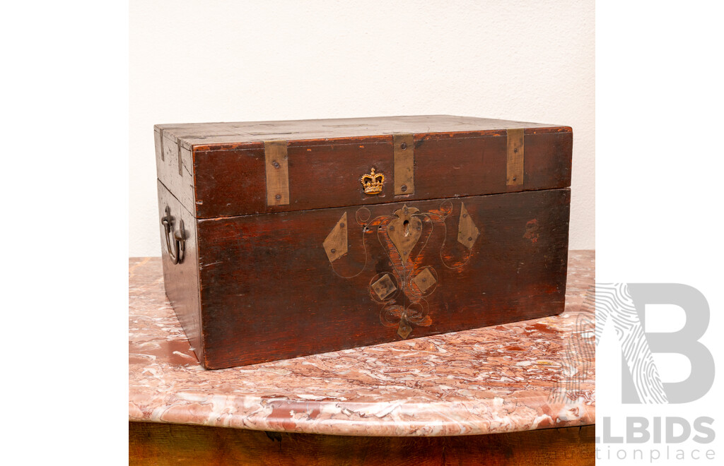 Antique Early Victorian Strong Box with Brass Fititngs, Brass Crown to Front