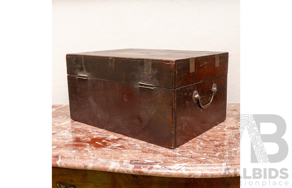 Antique Early Victorian Strong Box with Brass Fititngs, Brass Crown to Front