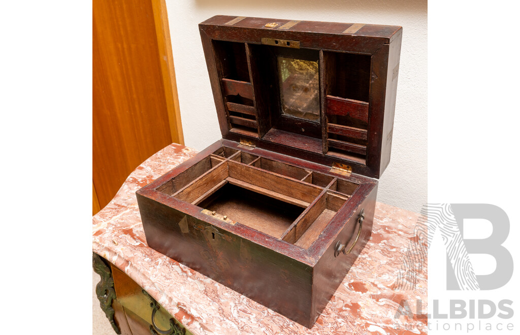Antique Early Victorian Strong Box with Brass Fititngs, Brass Crown to Front