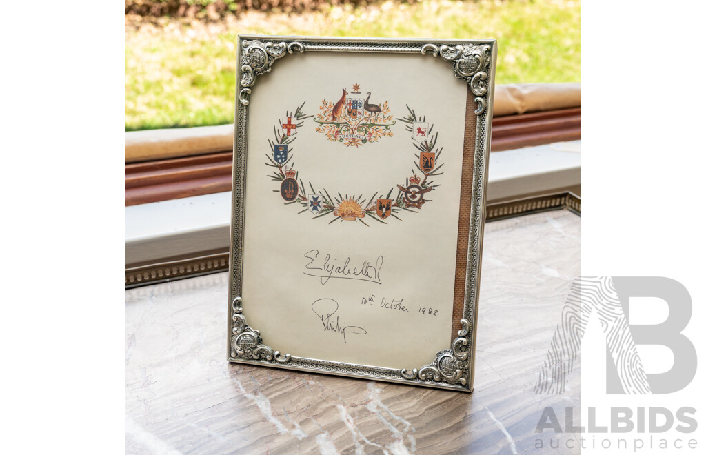 Framed Australian Coat of Arms Signed by Queen Elizabeth II & Prince Phillip, October 10th 1982