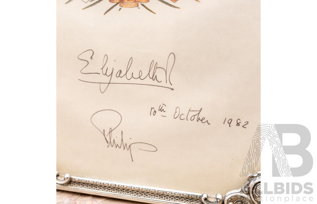 Framed Australian Coat of Arms Signed by Queen Elizabeth II & Prince Phillip, October 10th 1982
