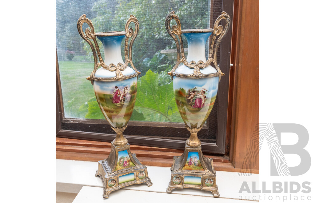 Pair Antique French Sevres Style Porcelain Twin Handled Urns with Hand Painted Scenes & Gilt Metal Mounting