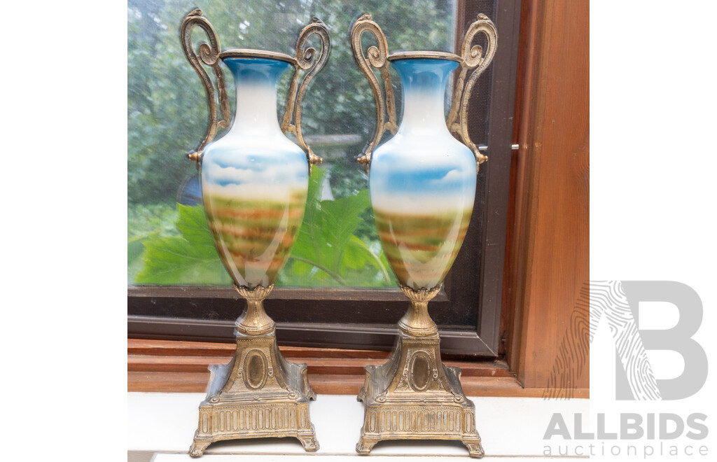 Pair Antique French Sevres Style Porcelain Twin Handled Urns with Hand Painted Scenes & Gilt Metal Mounting