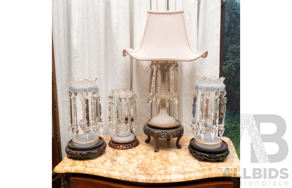 Vintage Opaque Glass Luster Set Comprising Table Lamp with Matching Luster Along with Pair Similar, Each on Carved Chinese Wooden Stand