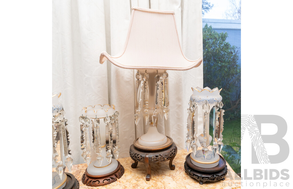 Vintage Opaque Glass Luster Set Comprising Table Lamp with Matching Luster Along with Pair Similar, Each on Carved Chinese Wooden Stand