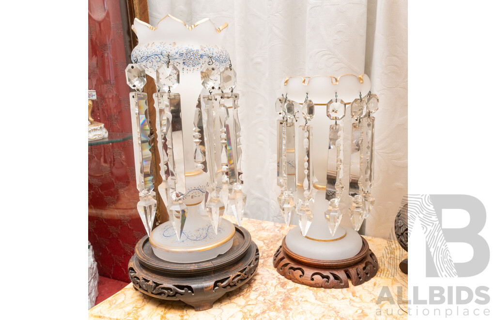 Vintage Opaque Glass Luster Set Comprising Table Lamp with Matching Luster Along with Pair Similar, Each on Carved Chinese Wooden Stand