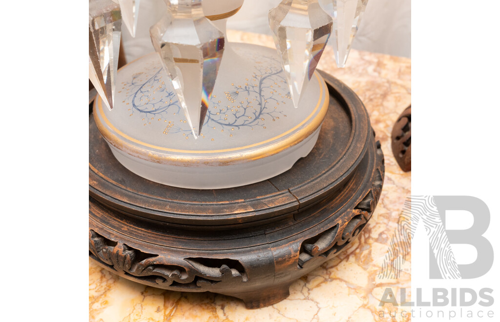 Vintage Opaque Glass Luster Set Comprising Table Lamp with Matching Luster Along with Pair Similar, Each on Carved Chinese Wooden Stand