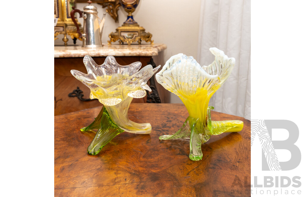 Two Similar Antique Art Nouveau Opalescent Floriform Glass Vases