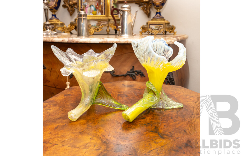 Two Similar Antique Art Nouveau Opalescent Floriform Glass Vases