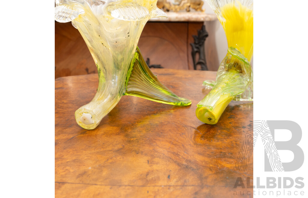 Two Similar Antique Art Nouveau Opalescent Floriform Glass Vases