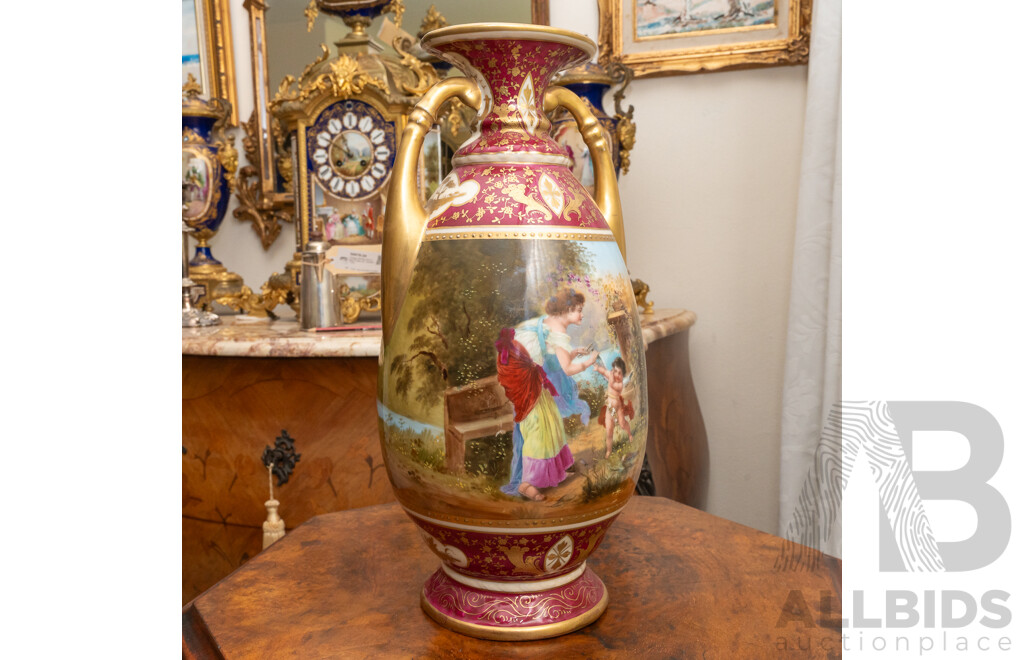 Antique Royal Vienna Style Porcelain Twin Handled Urn with Gilt Highlights and Classical Scene, Beehive Mark to Base