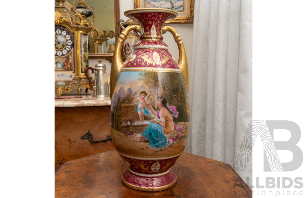 Antique Royal Vienna Style Porcelain Twin Handled Urn with Gilt Highlights and Classical Scene, Beehive Mark to Base
