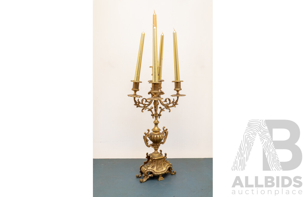 Antique Ormolu Louis XIV Style Ornate Four Branch Five Taper Candle Holder on Pedestal Form Base