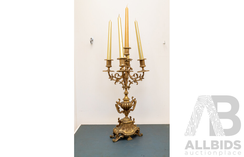 Antique Ormolu Louis XIV Style Ornate Four Branch Five Taper Candle Holder on Pedestal Form Base