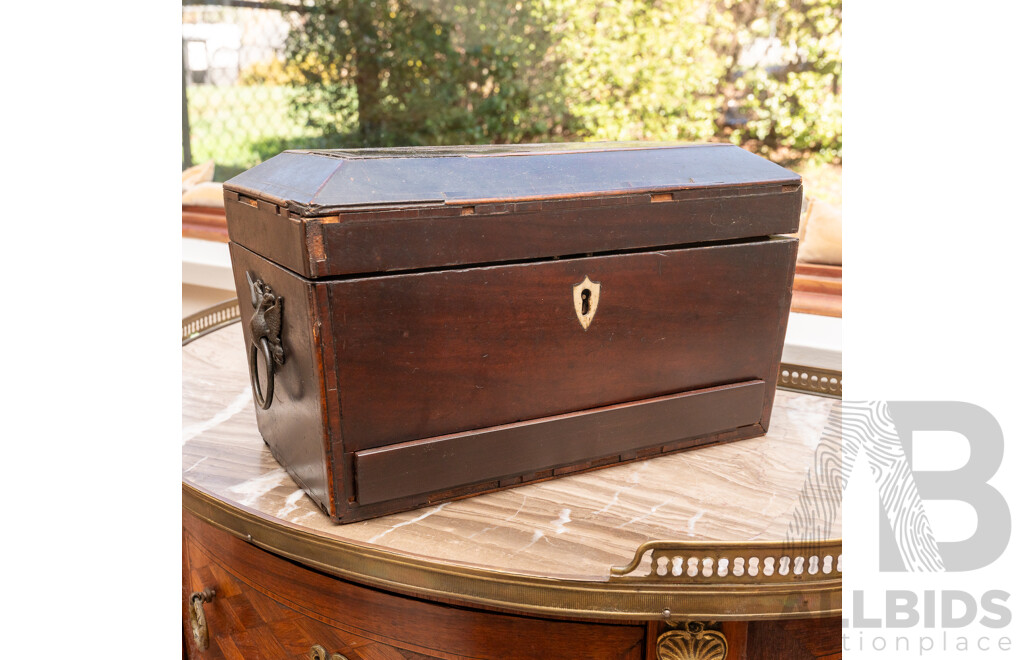 Antique Victorian Sarcophagus Form Tea Caddy with Dual Inlaid Compartments, Drawer to Base, Shield Form Bone Escutcheon & Imperial Double Headed Eagle Copper Handles
