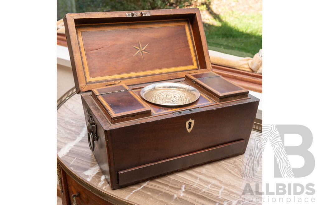 Antique Victorian Sarcophagus Form Tea Caddy with Dual Inlaid Compartments, Drawer to Base, Shield Form Bone Escutcheon & Imperial Double Headed Eagle Copper Handles