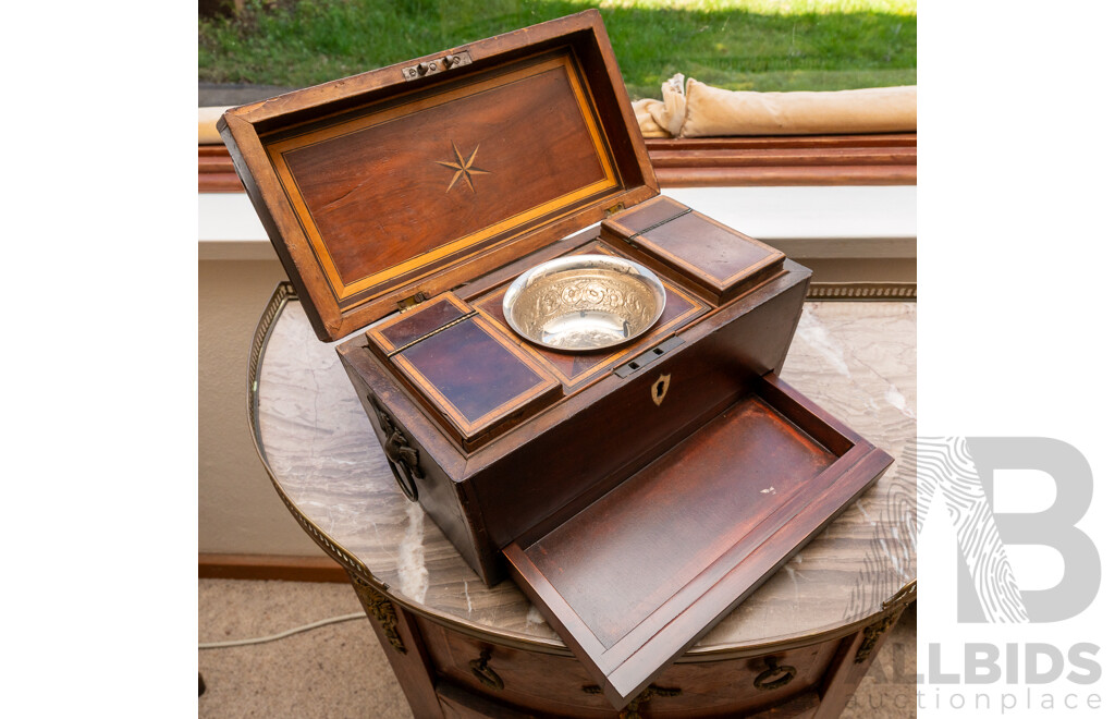 Antique Victorian Sarcophagus Form Tea Caddy with Dual Inlaid Compartments, Drawer to Base, Shield Form Bone Escutcheon & Imperial Double Headed Eagle Copper Handles