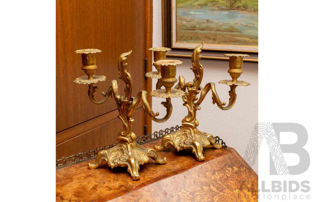 Pair Antique Gilt Brass Two Branch Candle Holders