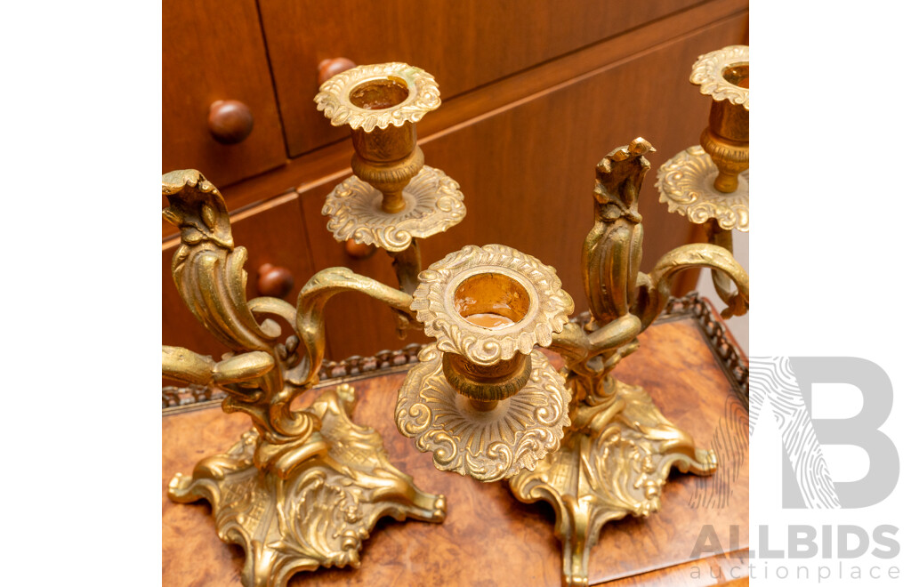 Pair Antique Gilt Brass Two Branch Candle Holders