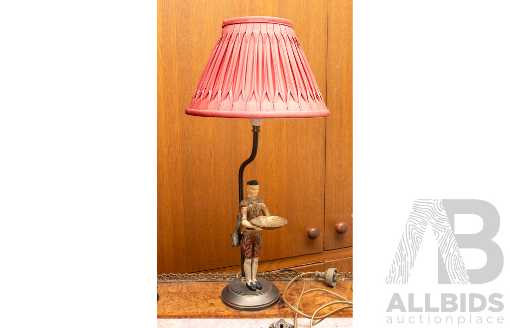 Antique Style Table Lamp with Ceramic Chinaman Theme and Laura Ashley Pleated Shade